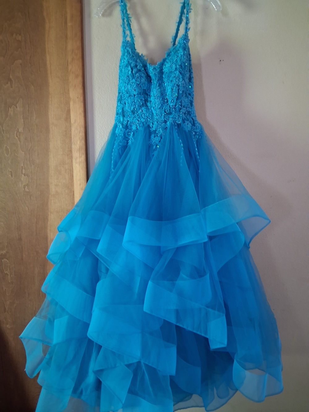 Blue Ruffled Tulle Prom Dress with Lace Bodice